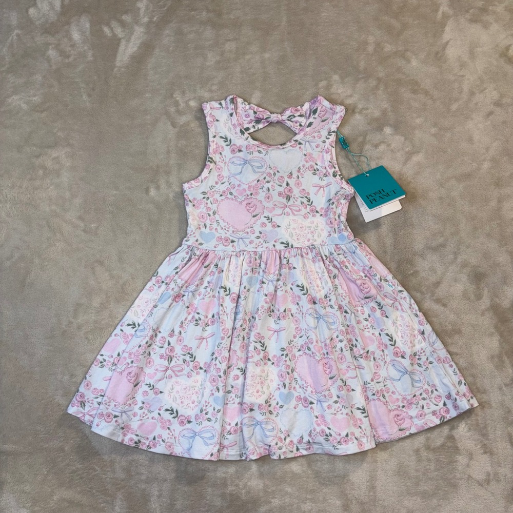 Posh Peanut Toddler Girls Floral Bow Twirl Dress Pink Blue 2T Bamboo NWT